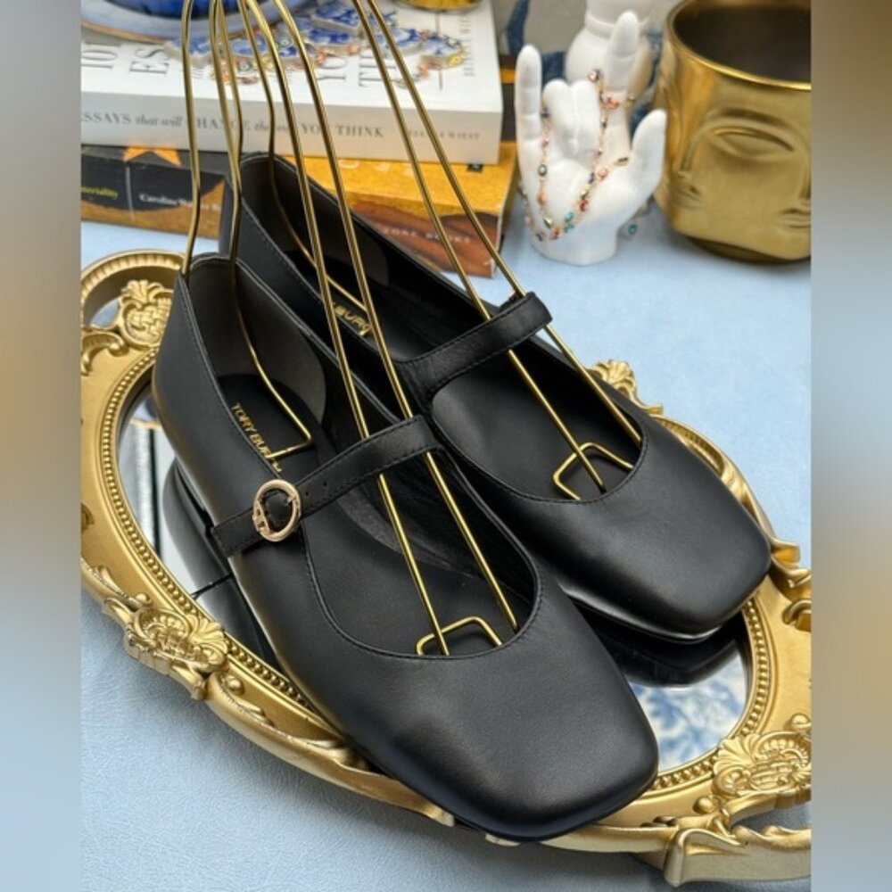 🆕 TORY BURCH 🧿 NWOB Selby Black Leather Square Toe Mary Jane Ballet Flats Sz 7 - Picture 11 of 14